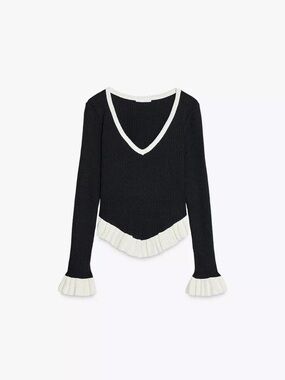 Zara Black Ribbed Sweater Ruffle Hem Deep V Neck Contrast Trim Fitted